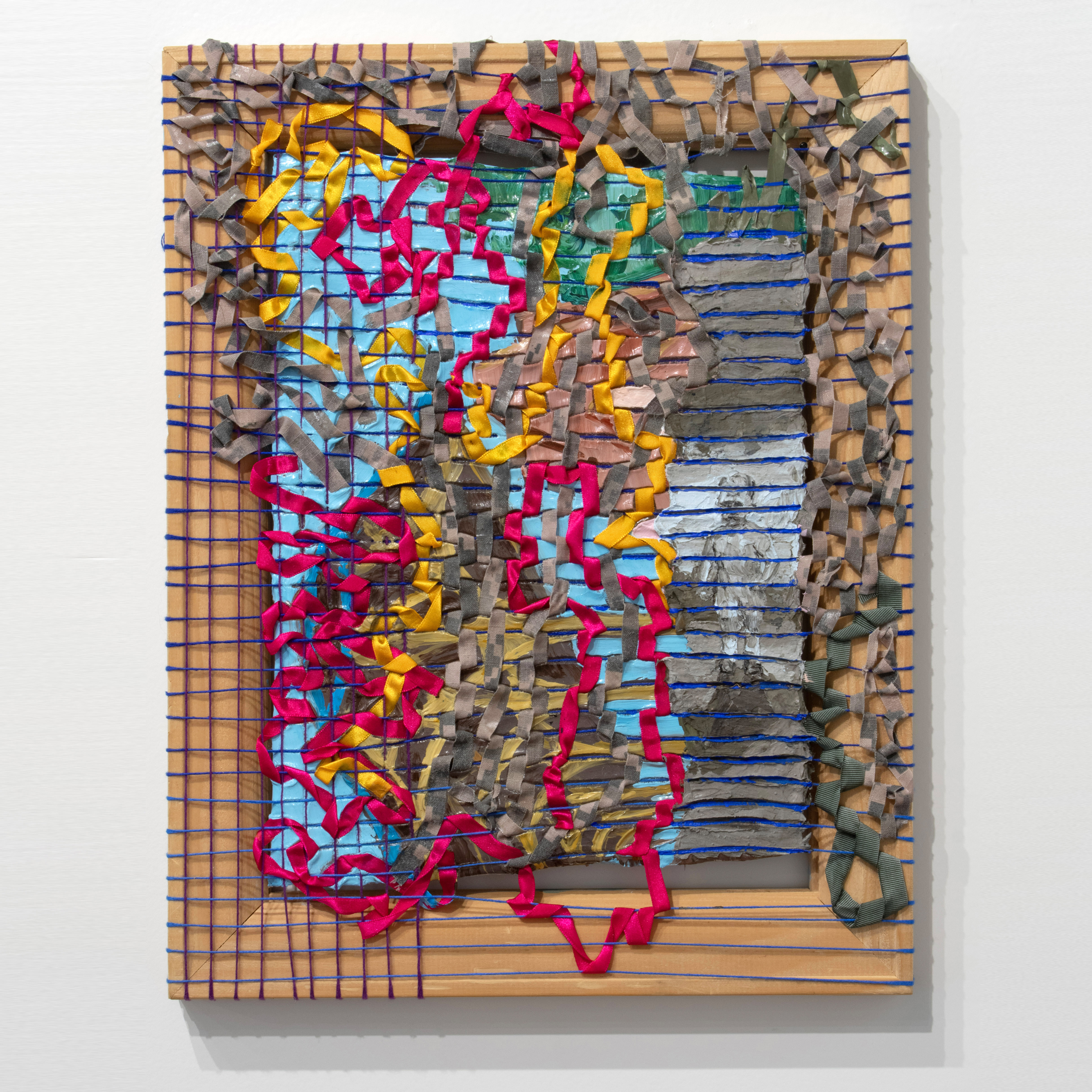Netting (little boy), 2025, oil, acrylic, ribbon, US army uniform, embroidery thread, 14 x 11 in.